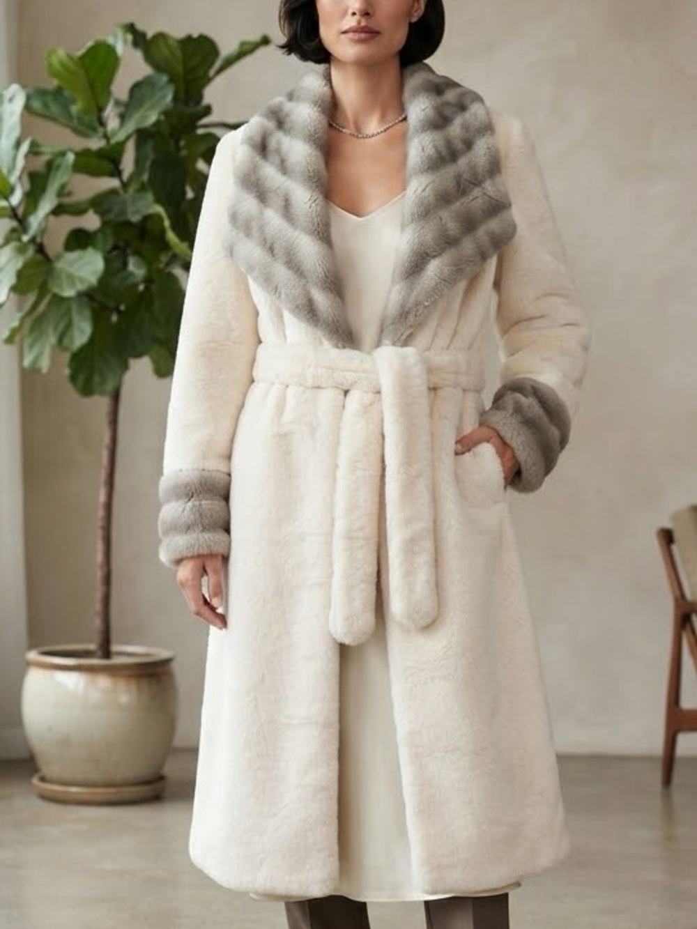 Elegant Cream and Gray Faux Fur Coat